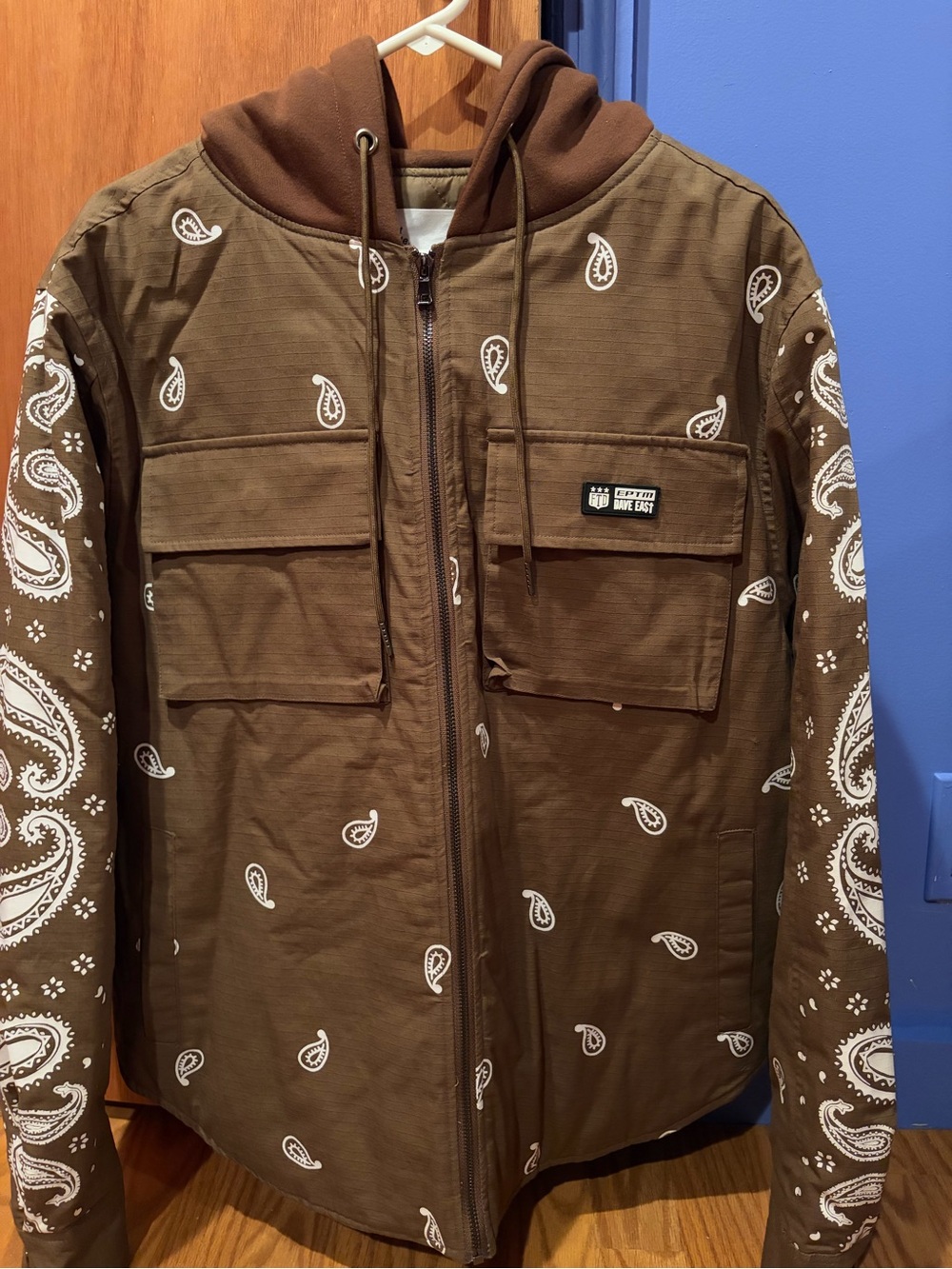 Men's Brown Paisley Zip-Up Hooded Shirt Jacket